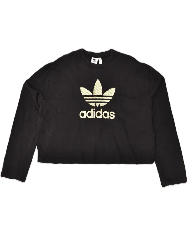 ADIDAS Womens Oversized Crop Sweatshirt Jumper UK 10 Small Black Cotton Hoodie with Lining Warm Insulated