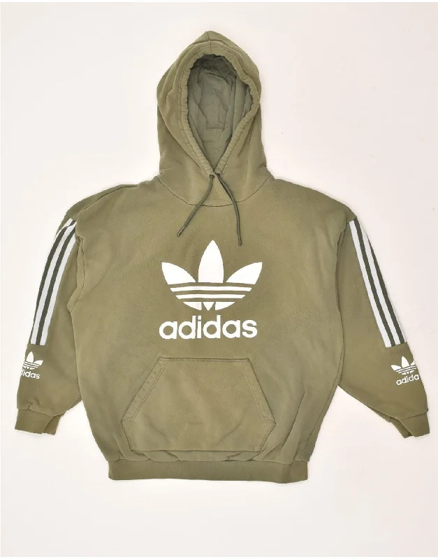 ADIDAS Womens Oversized Graphic Hoodie Jumper UK 14 Large Khaki Cotton Hoodie with Ribbed Hem Stretchable Secure