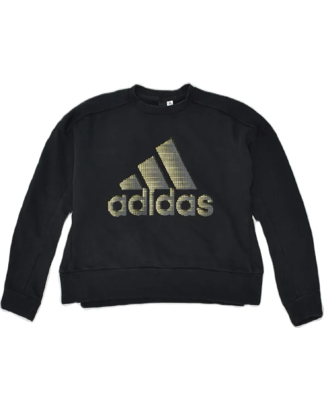 ADIDAS Womens Oversized Graphic Sweatshirt Jumper UK 6 XS Black Cotton Hoodie with Hem Elastic Stretchable Comfortable