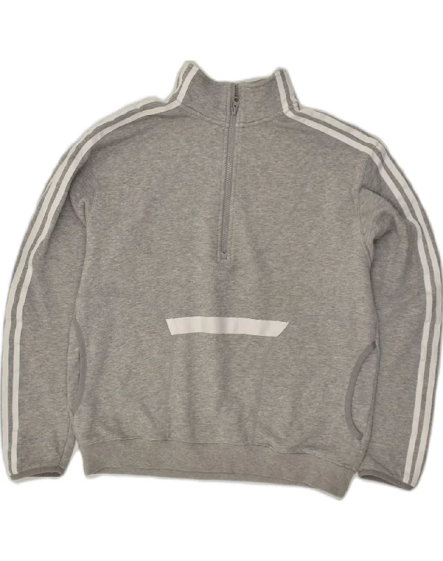 ADIDAS Womens Zip Neck Sweatshirt Jumper UK 16 Large Grey Cotton Hoodie with Stripes Bold Sporty