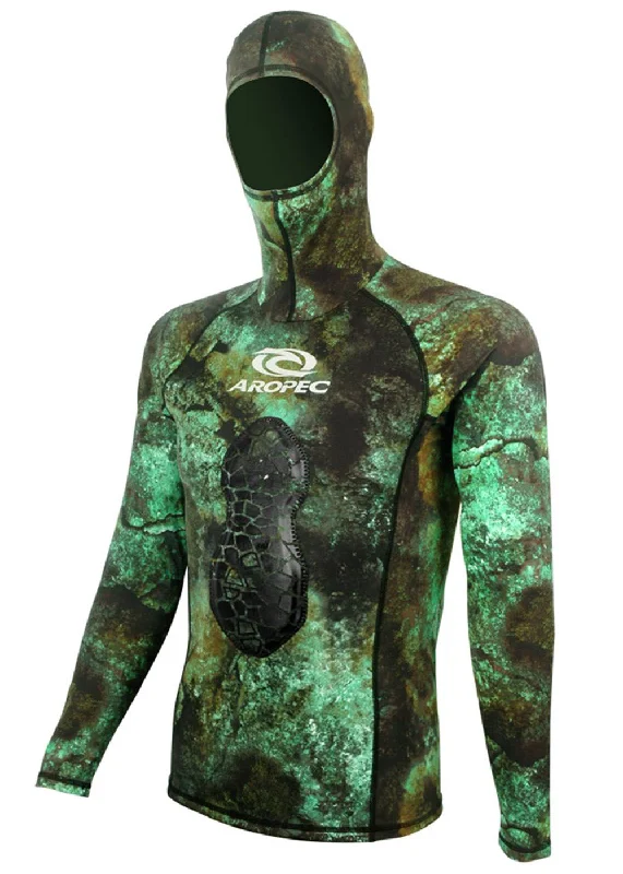 Aropec Verde 1mm Spearfishing Hooded Rash Guard Zip Hoodie Drawstring Kangaroo Pocket