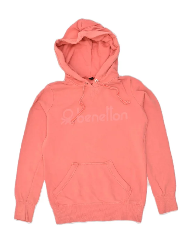 BENETTON Womens Graphic Hoodie Jumper UK 14 Medium  Orange Cotton Hoodie with Mesh Breathable Sporty