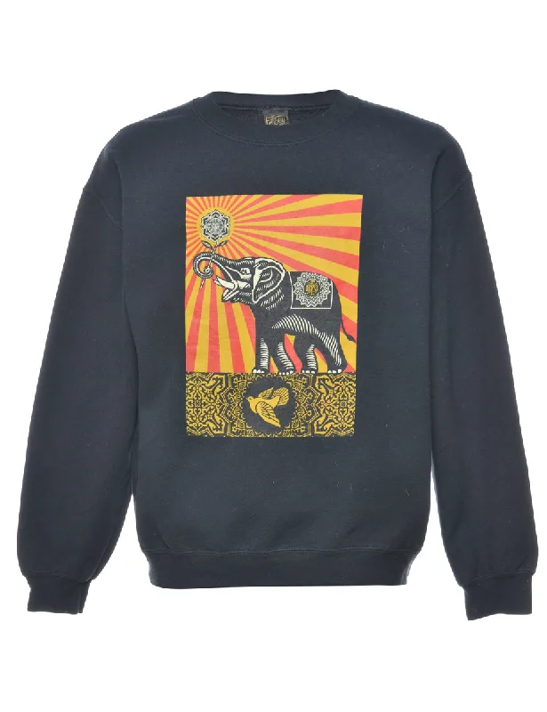 Black Animal Sweatshirt - M Hoodie with Illustration Artistic Creative