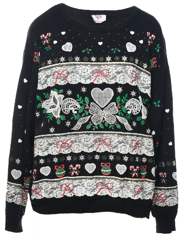 Black Christmas Patterned Sweatshirt - L Hoodie with Thumb Holes Functional Cozy