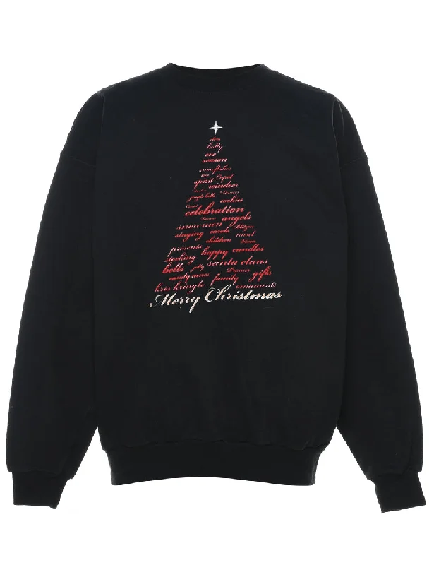 Black Christmas Sweatshirt - L Hoodie with Sequins Glamorous Eye-catching