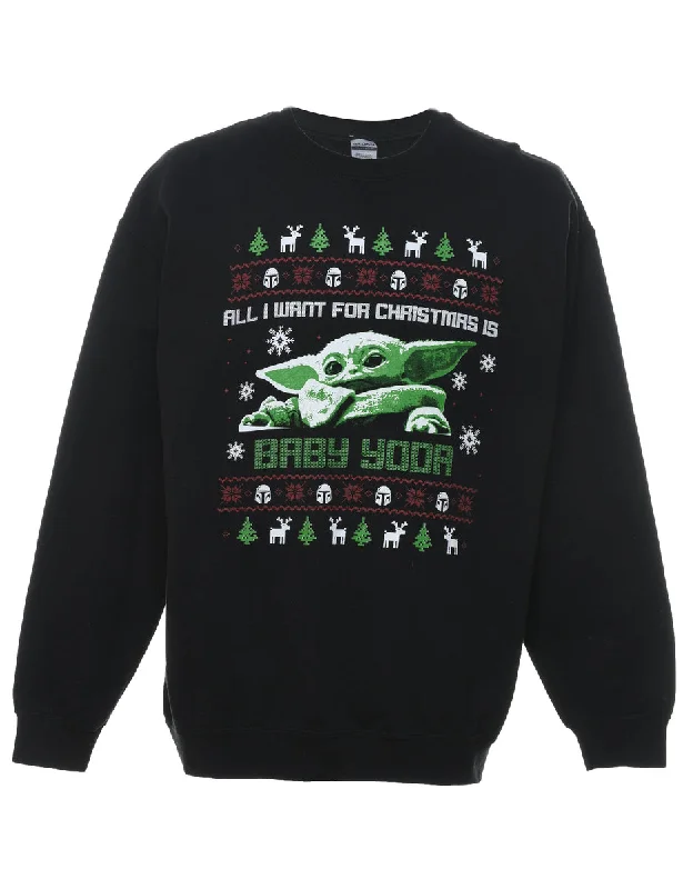 Black Christmas Sweatshirt - L Hoodie with Cuffed Sleeves Snug Secure