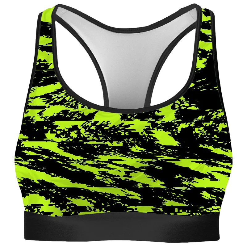 Black Lime Bolt Glitch Rave Bra High Support Sports Bra