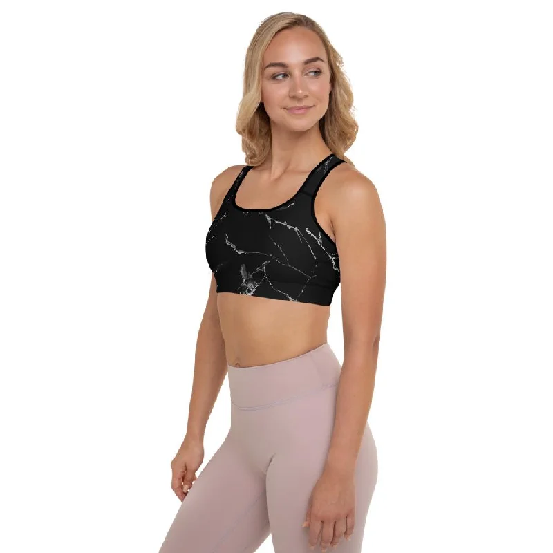 Black Marble Print Sports Bra, Premium Padded Fitness Gym Women's Bra- Made in USA/EU Chic Satin Bra