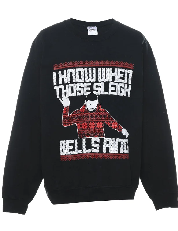 Black & Red Drake Design Christmas Sweatshirt - L Hoodie with Mock Neck Collared Structured