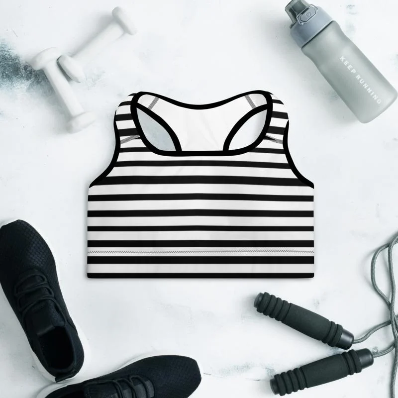 Black Striped Padded Sports Bra, White and Black Horizontal Minimalist Stripe Print Yoga Bra- Made in USA/ EU/ MX Casual Bralette Set