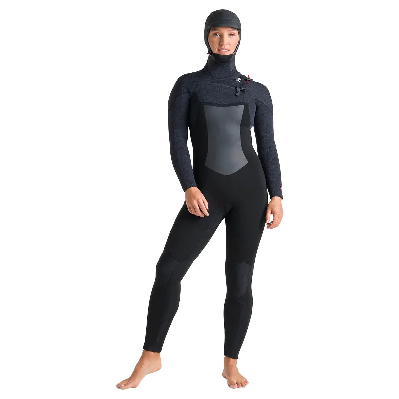 C-Skins Women's Rewired 6/5mm Hooded Chest Zip Wetsuit - Black/Black/Shade Hoodie with Mock Neck Collared Structured