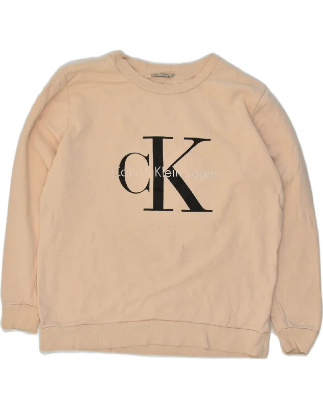 CALVIN KLEIN Womens Oversized Graphic Sweatshirt Jumper UK 10 Small Beige Hoodie with Fur Luxurious Winter