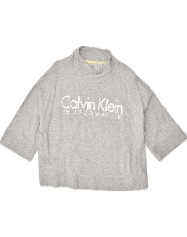 CALVIN KLEIN Womens Performance Graphic Sweatshirt Jumper UK 16 Large Grey Hoodie with Snap Buttons Easy Quick