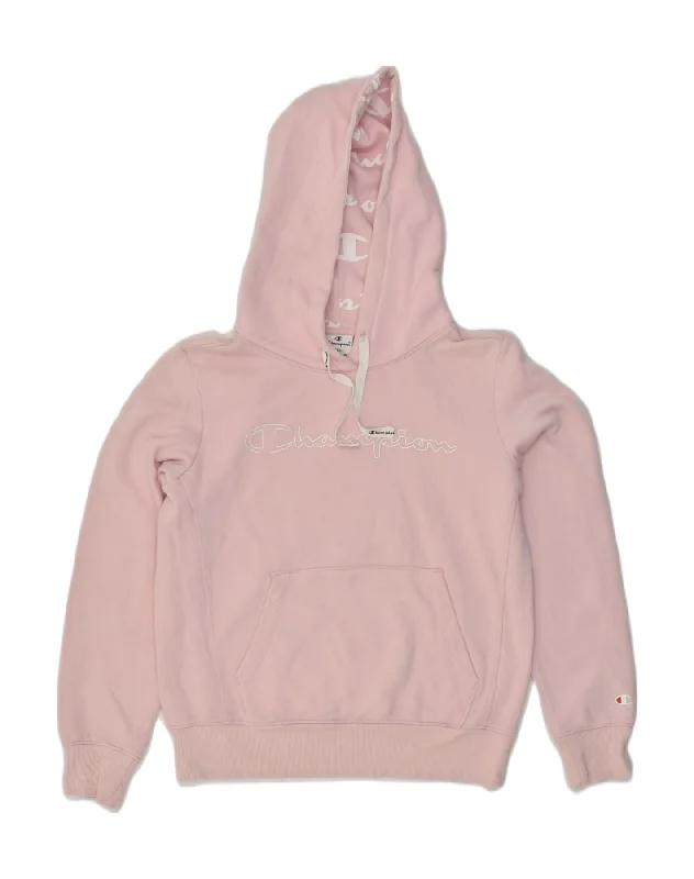 CHAMPION Womens Graphic Hoodie Jumper UK 10 Small Pink Hoodie with Double Zipper Versatile Adjustable