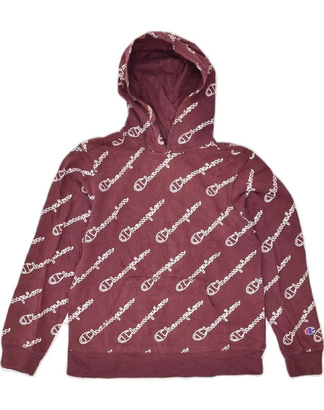 CHAMPION Womens Graphic Hoodie Jumper UK 14 Large Burgundy Cotton Hoodie with Turtle Neck Cozy Winter