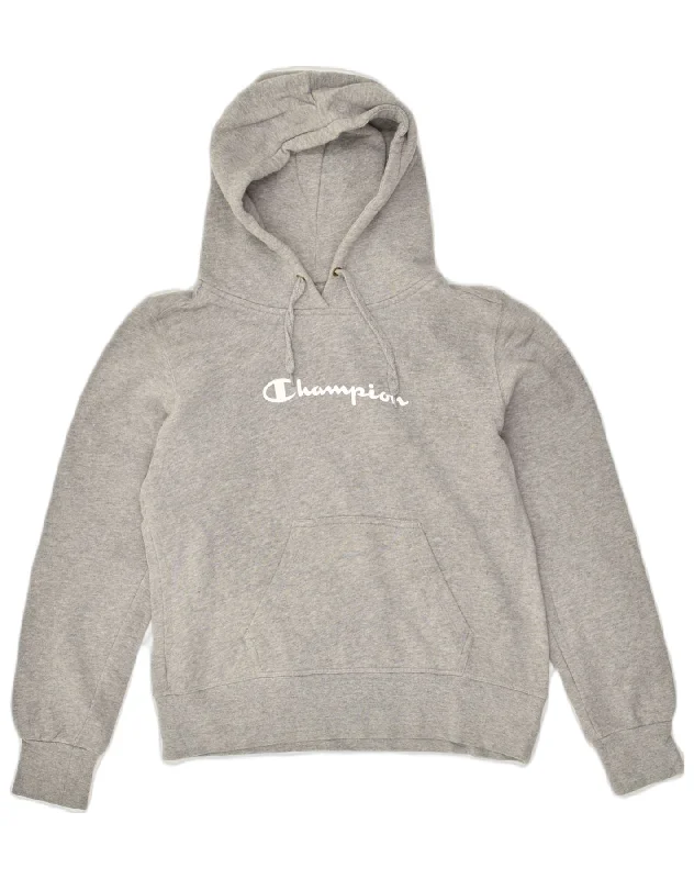 CHAMPION Womens Graphic Hoodie Jumper UK 14 Medium Grey Cotton Hoodie with Hem Embroidery Detailed Premium