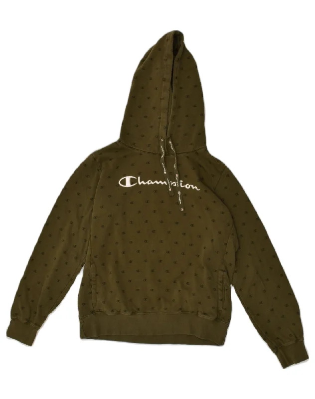 CHAMPION Womens Graphic Hoodie Jumper UK 18 XL Khaki Cotton Hoodie with Logo Branding Identity