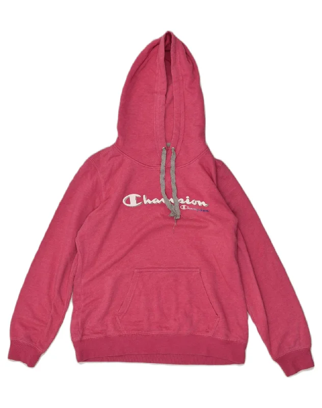 CHAMPION Womens Graphic Hoodie Jumper UK 18 XL Pink Hoodie with Applique Textured Unique