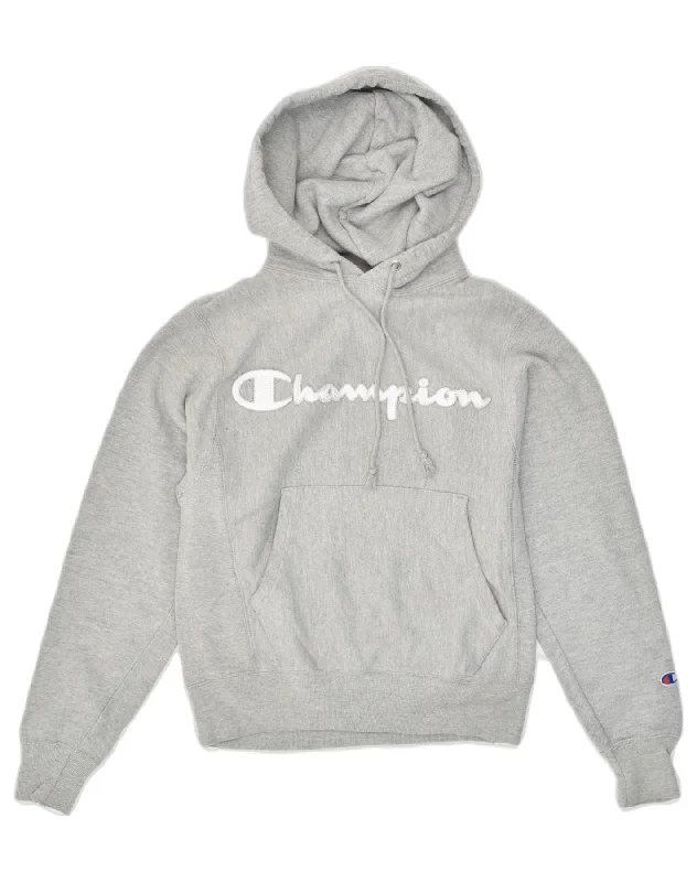 CHAMPION Womens Graphic Hoodie Jumper UK 6 XS Grey Cotton Hoodie with Back Slit Movement Comfort