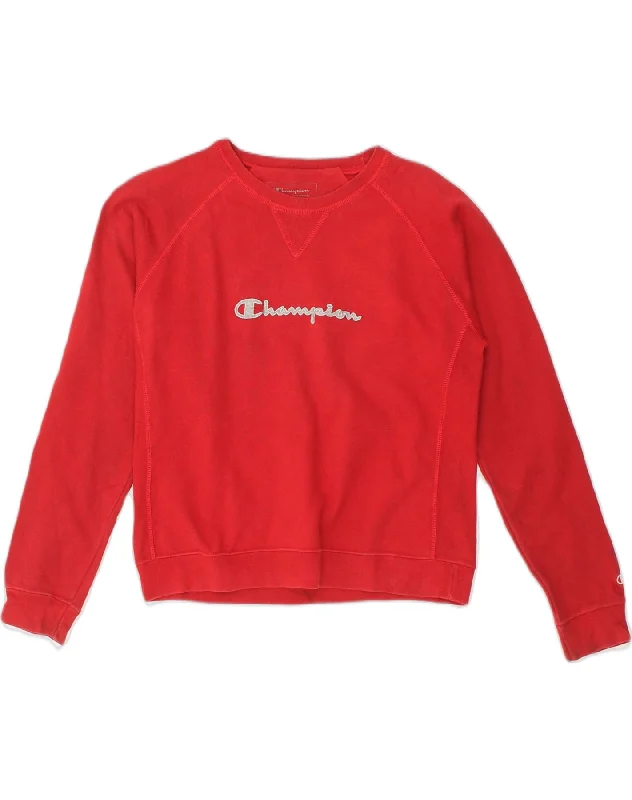 CHAMPION Womens Graphic Sweatshirt Jumper UK 10 Small Red Cotton Hoodie with High Neck Warm Protective