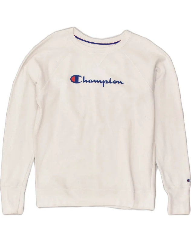 CHAMPION Womens Graphic Sweatshirt Jumper UK 16 Large White Polyester Hoodie with Hidden Zipper Minimalist Clean