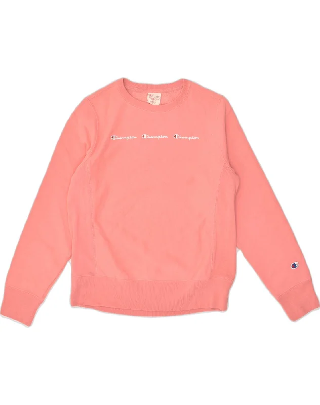 CHAMPION Womens Graphic Sweatshirt Jumper UK 8 Small Pink Cotton Hoodie with Applique Textured Unique