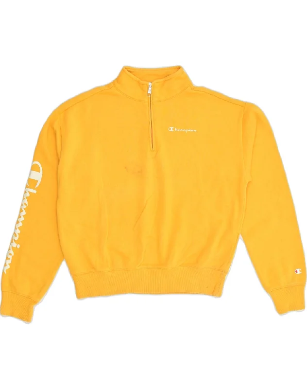 CHAMPION Womens Graphic Zip Neck Sweatshirt Jumper UK 16 Large Yellow Hoodie with Mesh Breathable Sporty