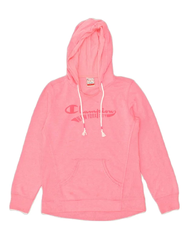 CHAMPION Womens Heritage Fit Graphic Hoodie Jumper UK 16 Large Pink Hoodie with Emblem Brand Identity