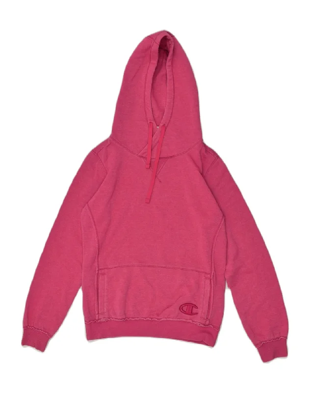 CHAMPION Womens Heritage Fit Hoodie Jumper UK 14 Medium Pink Cotton Hoodie with Metallic Shiny Futuristic