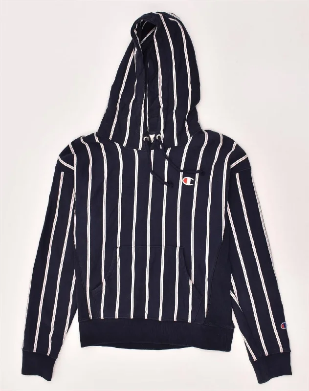 CHAMPION Womens Hoodie Jumper UK 14 Medium Navy Blue Pinstripe Cotton Hoodie with Ribbed Hem Stretchable Secure