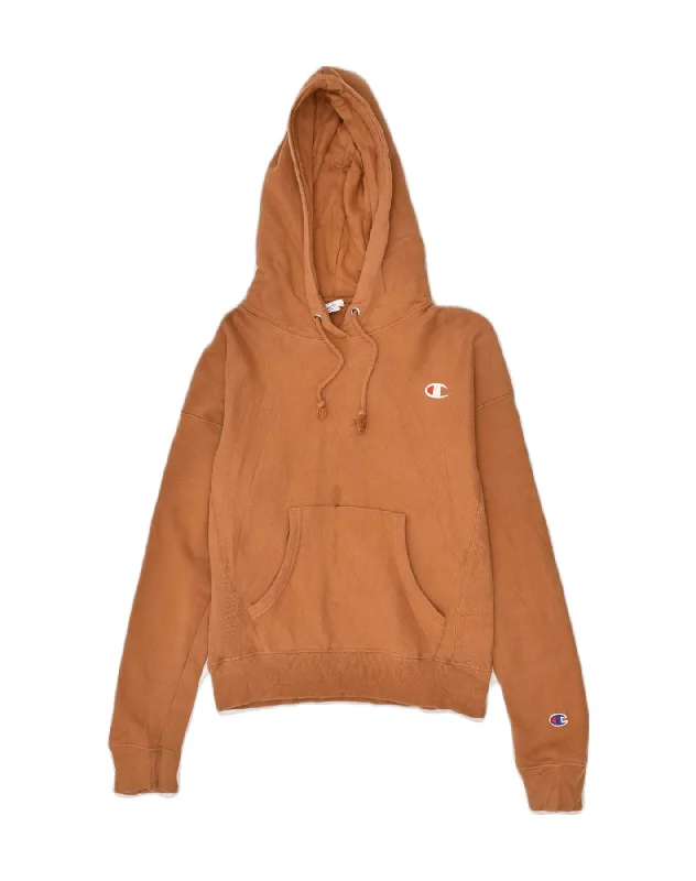 CHAMPION Womens Loose Fit Hoodie Jumper UK 6 XS Brown Cotton Hoodie with Embroidery Detailed Premium