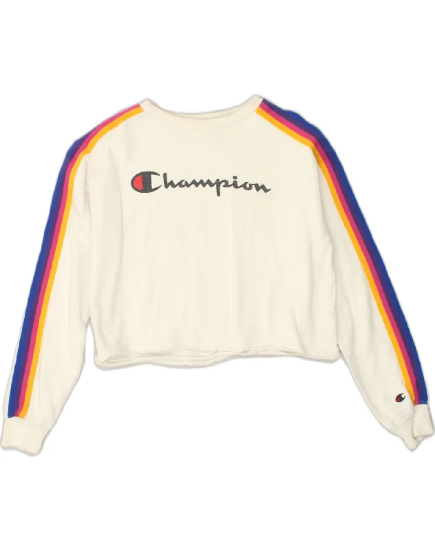 CHAMPION Womens Oversized Crop Sweatshirt Jumper UK 6 XS White Striped Hoodie with Strings Custom Fit Adjustable