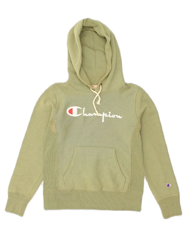 CHAMPION Womens Oversized Graphic Hoodie Jumper UK 6 XS Green Hoodie with Crew Neck Simple Timeless