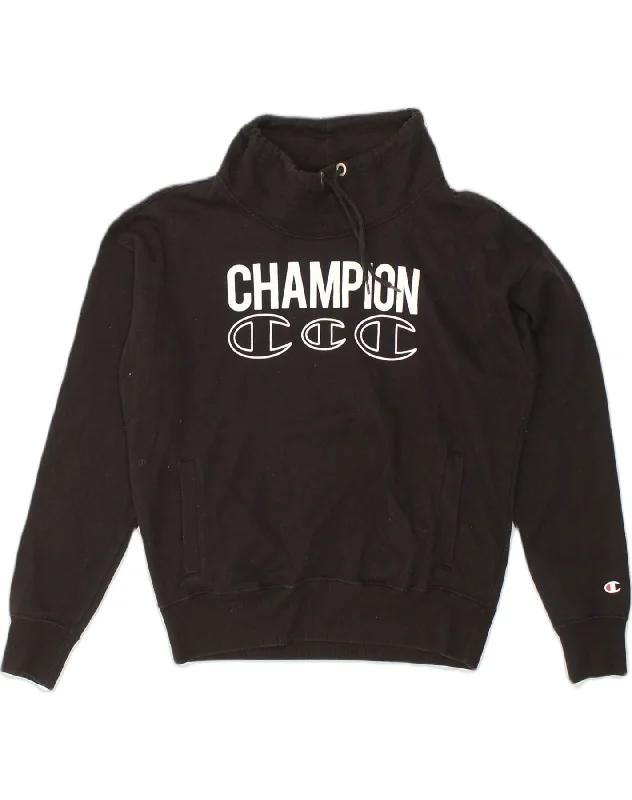 CHAMPION Womens Oversized Graphic Sweatshirt Jumper UK 10 Small Black Hoodie with Drawcord Adjustable Secure