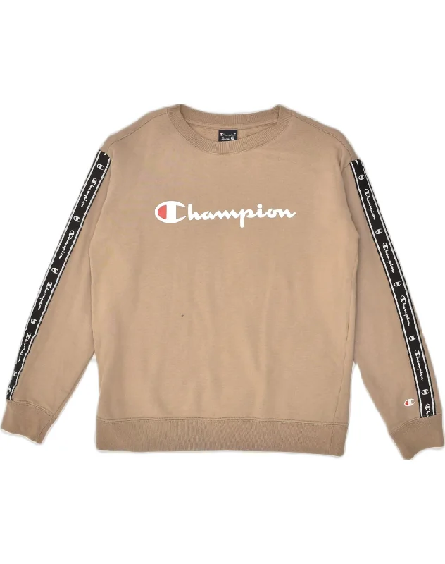 CHAMPION Womens Oversized Graphic Sweatshirt Jumper XS Brown Cotton Hoodie with Elastic Waist Stretchable Comfortable