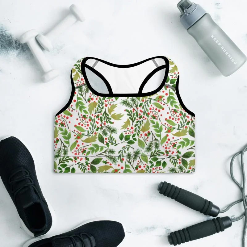 Christmas Floral Sports Bra, Winter Women's Padded Workout Gym Bra- Made in USA/ EU Ultra-Light Bra