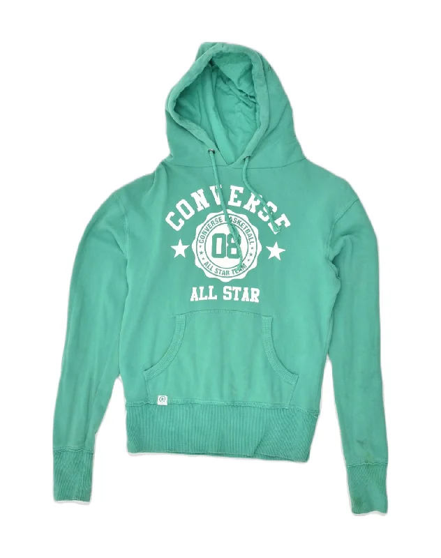 CONVERSE Womens Graphic Hoodie Jumper UK 6 XS Green Cotton Hoodie with Longline Fit Extended Stylish