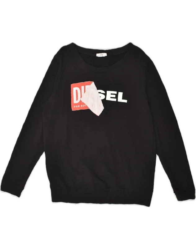 DIESEL Womens Graphic Sweatshirt Jumper UK 14 Medium Black Cotton Hoodie with Magnetic Closure Innovative Modern