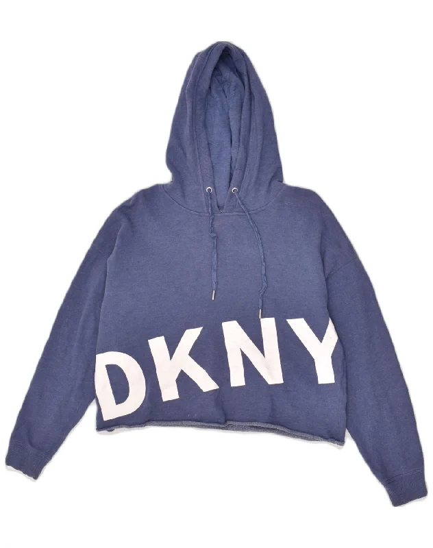 DKNY Womens Crop Graphic Hoodie Jumper UK 8 Small Blue Cotton Hoodie with Hem Embroidery Detailed Premium