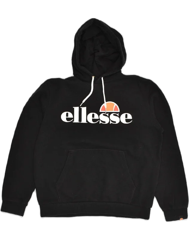 ELLESSE Womens Graphic Hoodie Jumper UK 14 Large  Black Cotton Hoodie with Applique Textured Unique