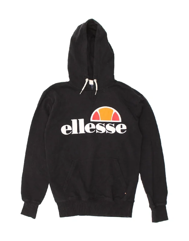 ELLESSE Womens Graphic Hoodie Jumper UK 6 XS  Navy Blue Cotton Hoodie with Front Slit Layering Stylish