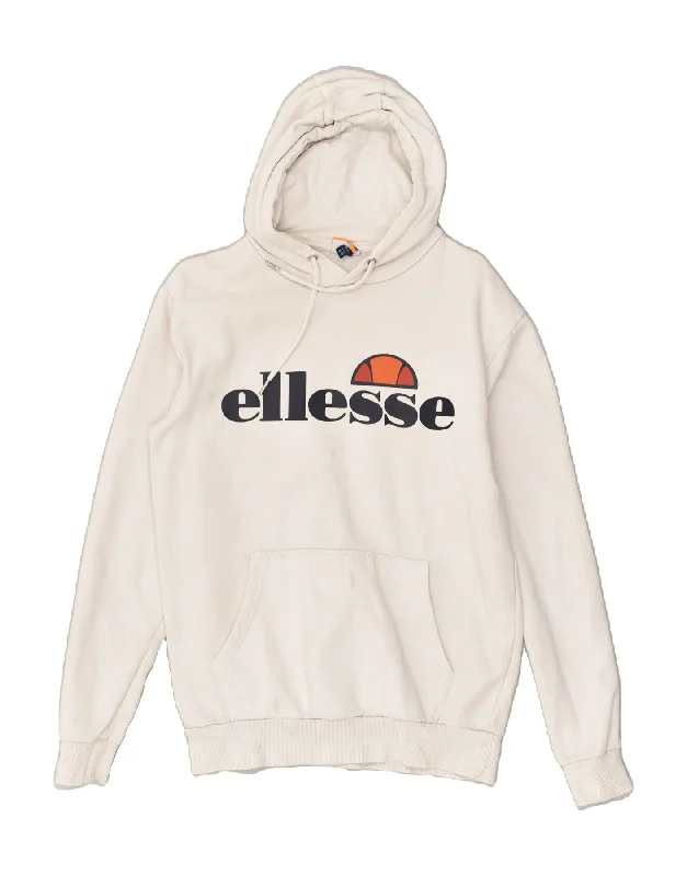 ELLESSE Womens Loose Fit Graphic Hoodie Jumper UK 10 Small Off White Hoodie with Hem Elastic Stretchable Comfortable