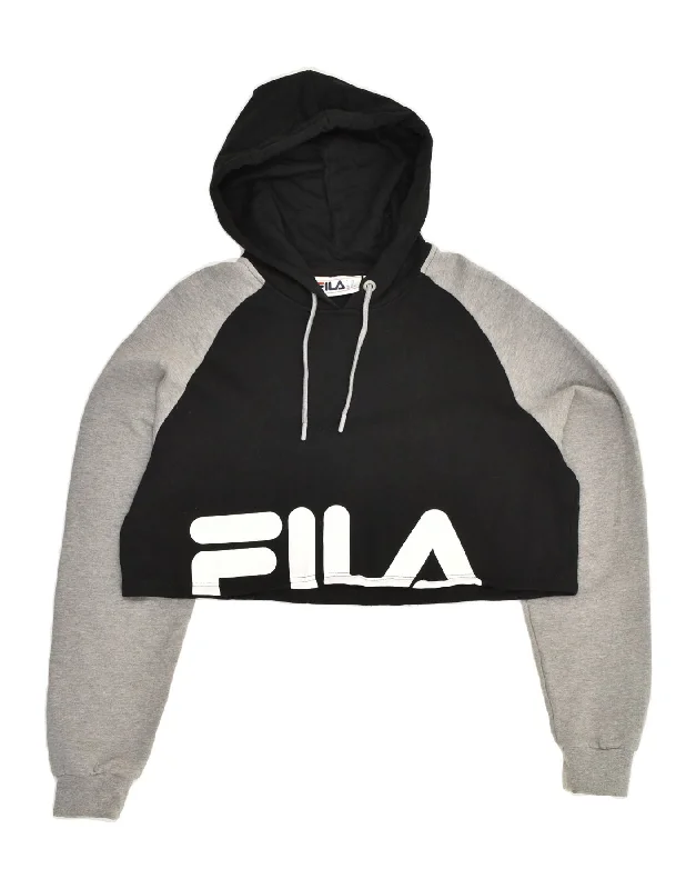 FILA Womens Crop Graphic Hoodie Jumper IT 50 XL Black Colourblock Cotton Hoodie with Toggle Buttons Decorative Unique