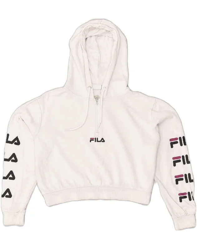 FILA Womens Crop Graphic Hoodie Jumper UK 12 Medium White Cotton Hoodie with Lining Warm Insulated