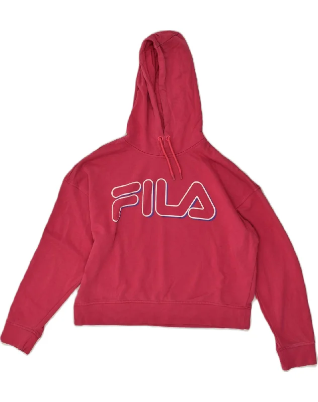 FILA Womens Graphic Hoodie Jumper UK 10 Small Red Cotton Hoodie with Pattern Geometric Abstract