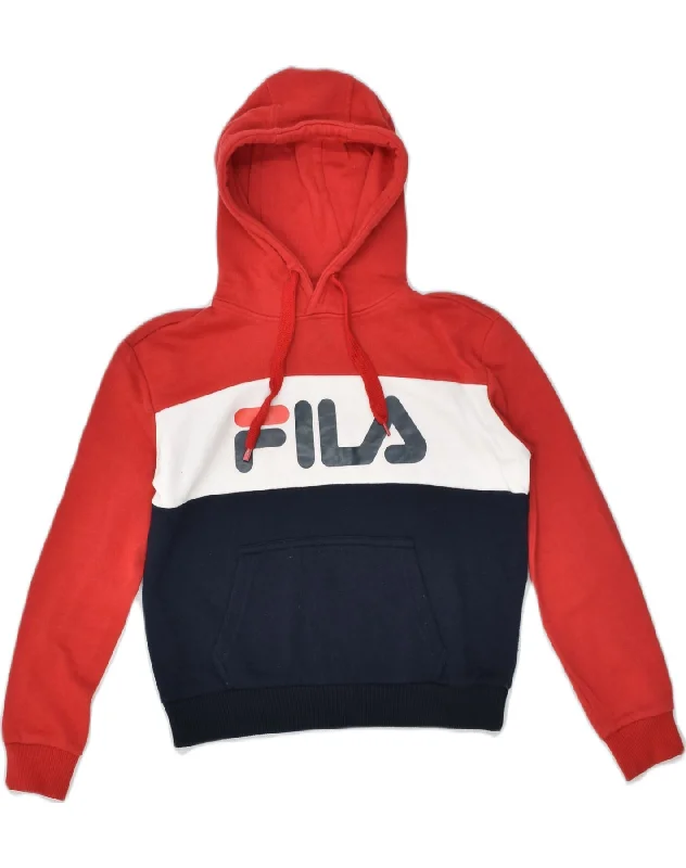 FILA Womens Graphic Hoodie Jumper UK 6 XS Red Colourblock Cotton Hoodie with Hem Fringe Bohemian Relaxed