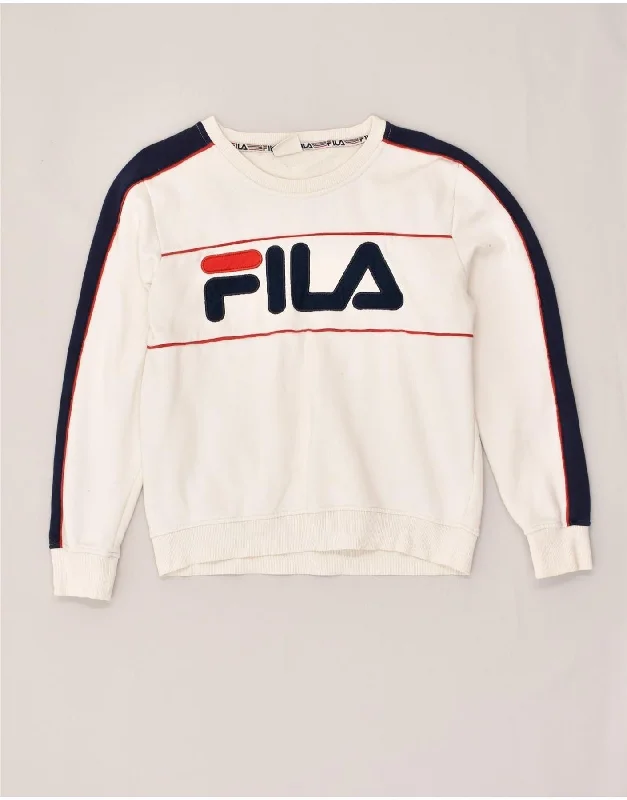 FILA Womens Graphic Sweatshirt Jumper UK 12 Medium  White Cotton Hoodie with Double Zipper Versatile Adjustable