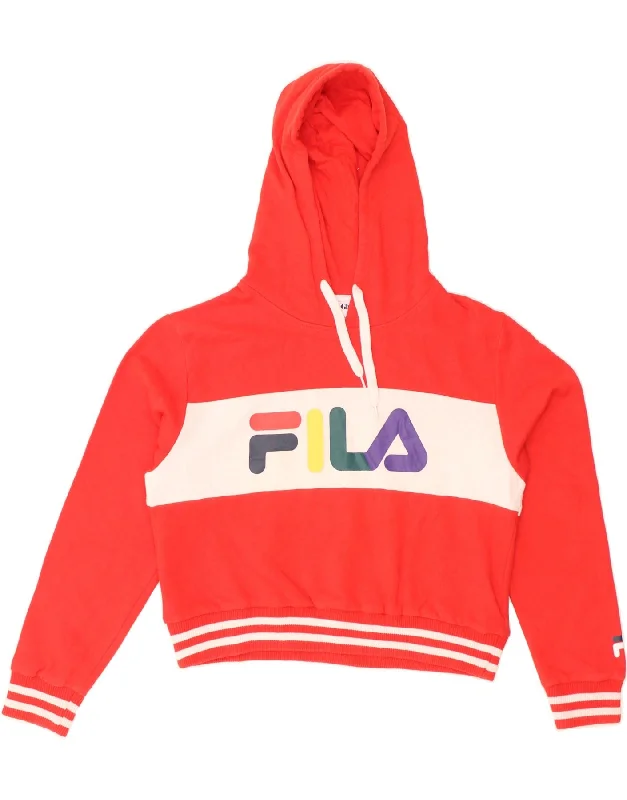 FILA Womens Oversized Crop Hoodie Jumper UK 10 Small Red Colourblock Hoodie with Double Zipper Versatile Adjustable