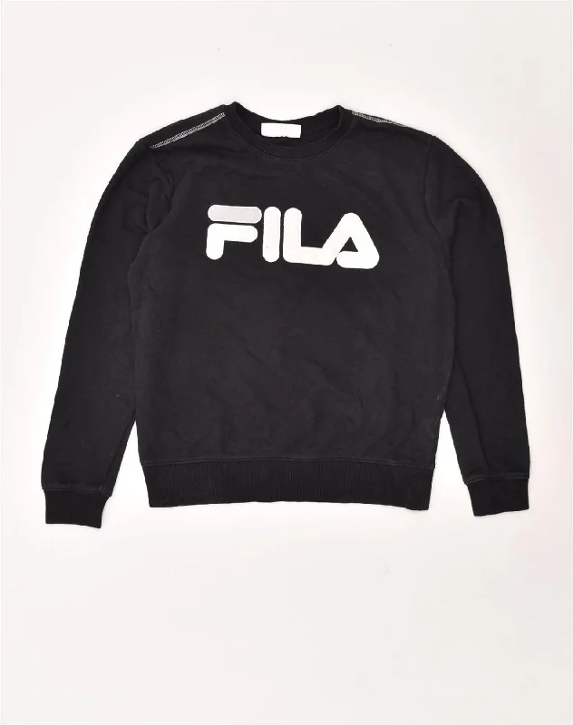 FILA Womens Oversized Graphic Sweatshirt Jumper UK 10 Small Black Cotton Hoodie with Longline Fit Extended Stylish