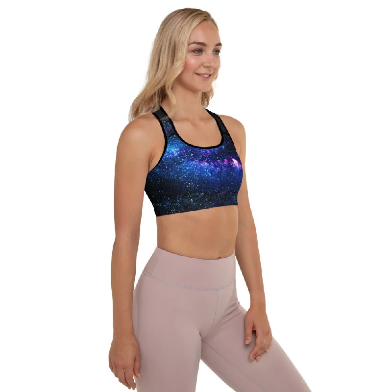 Galaxy Purple Women's Sports Bra, Space Print Padded Fitness Gym Bra- Made in USA/ EU Comfortable Lace Bra